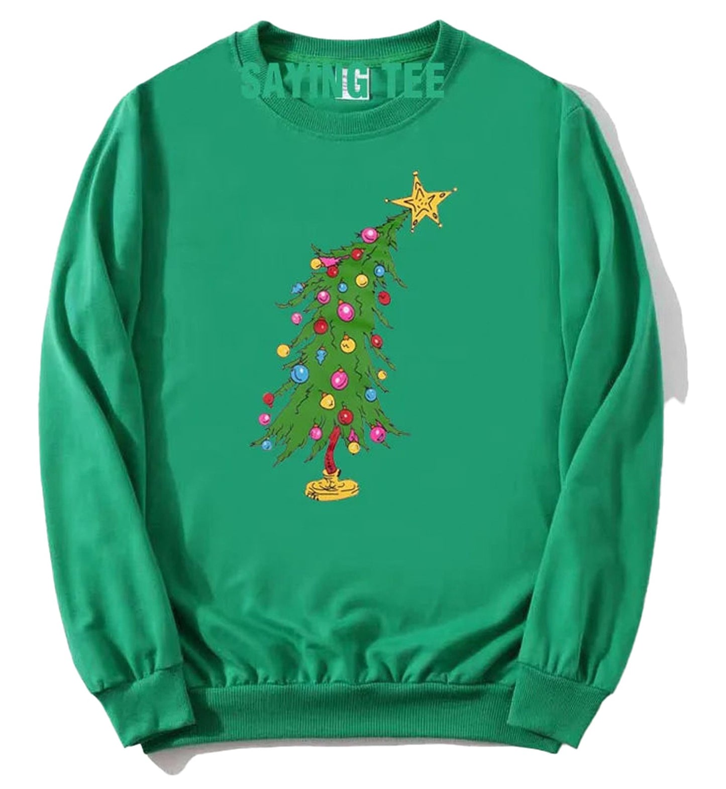 Cute Christmas sweatshirts for women featuring a festive green design with a decorated Christmas tree