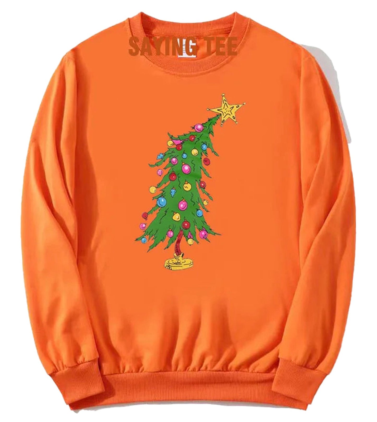 Cute Christmas sweatshirt for women in orange featuring a colorful Christmas tree design