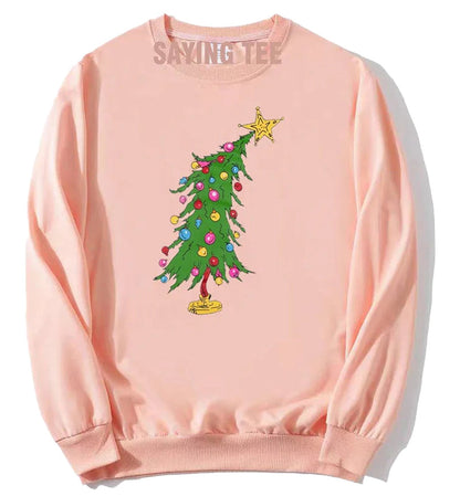 Cute Christmas sweatshirts for women featuring a fun tree design in pink color