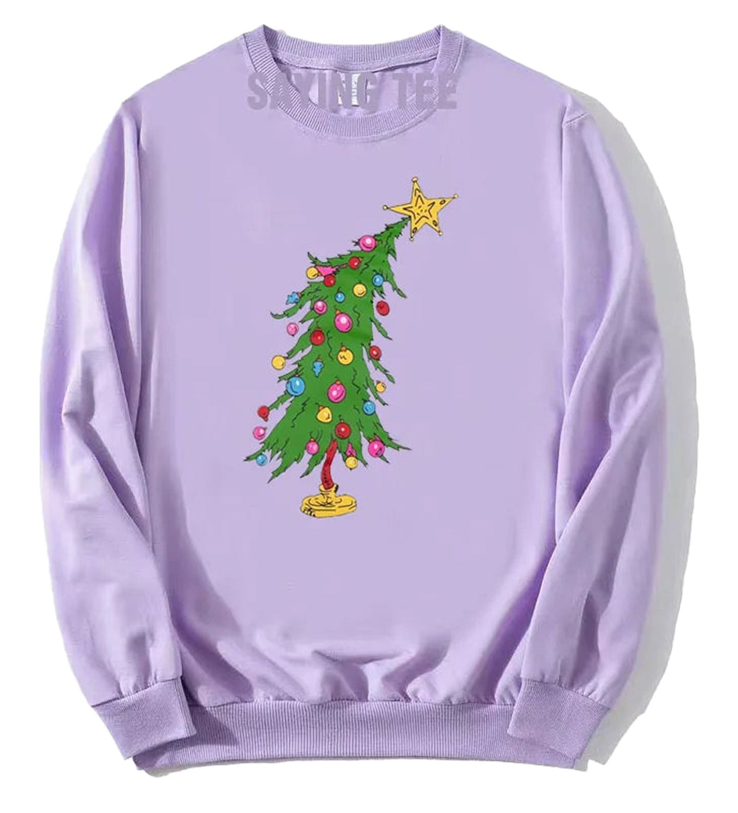 Cute Christmas sweatshirts for women featuring a colorful Christmas tree design on a lavender background