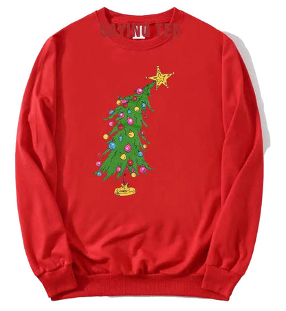 Cute Christmas sweatshirts for women featuring a festive red design with a decorated Christmas tree