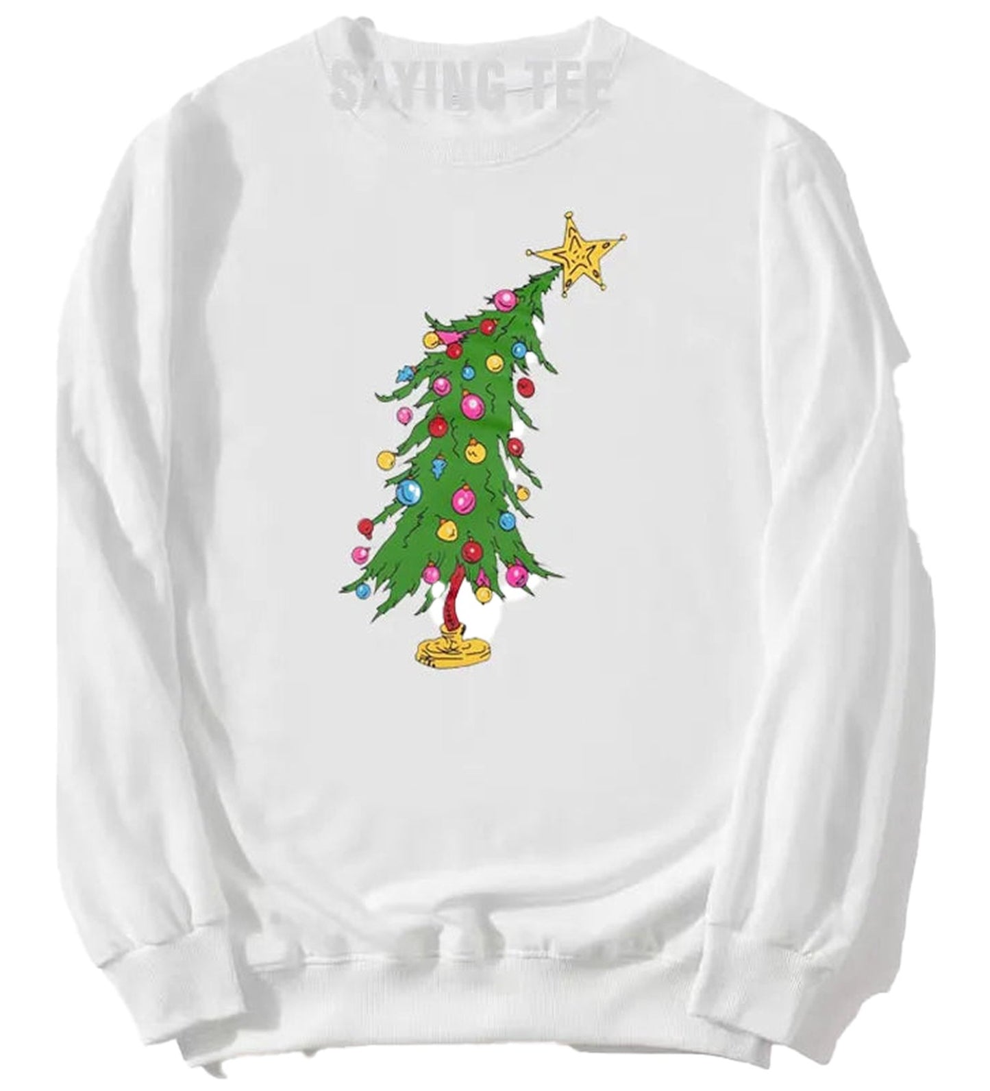 Cute Christmas sweatshirt for women featuring a decorated Christmas tree design