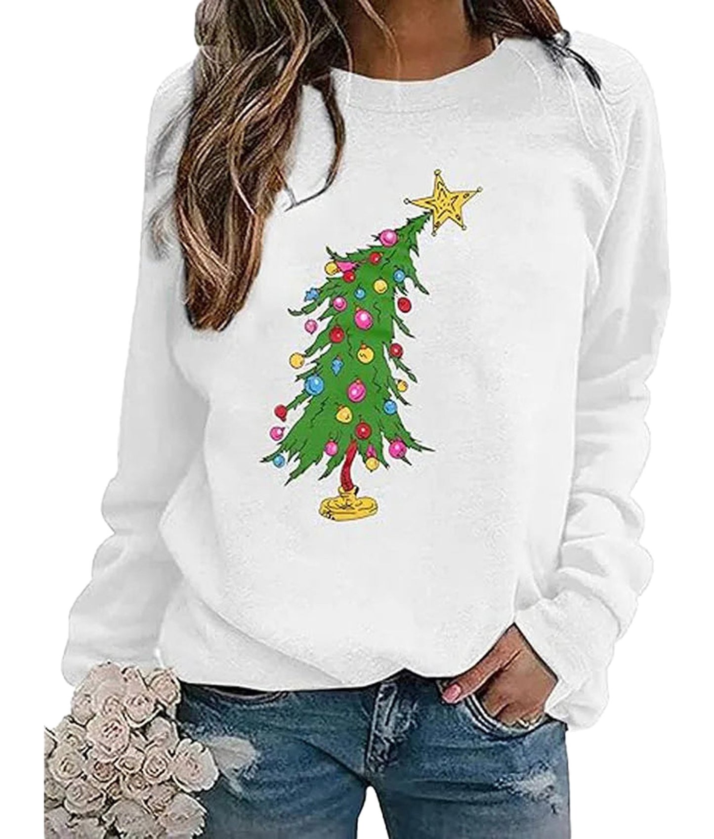 Cute Christmas sweatshirts for women featuring a colorful Christmas tree design on a white background