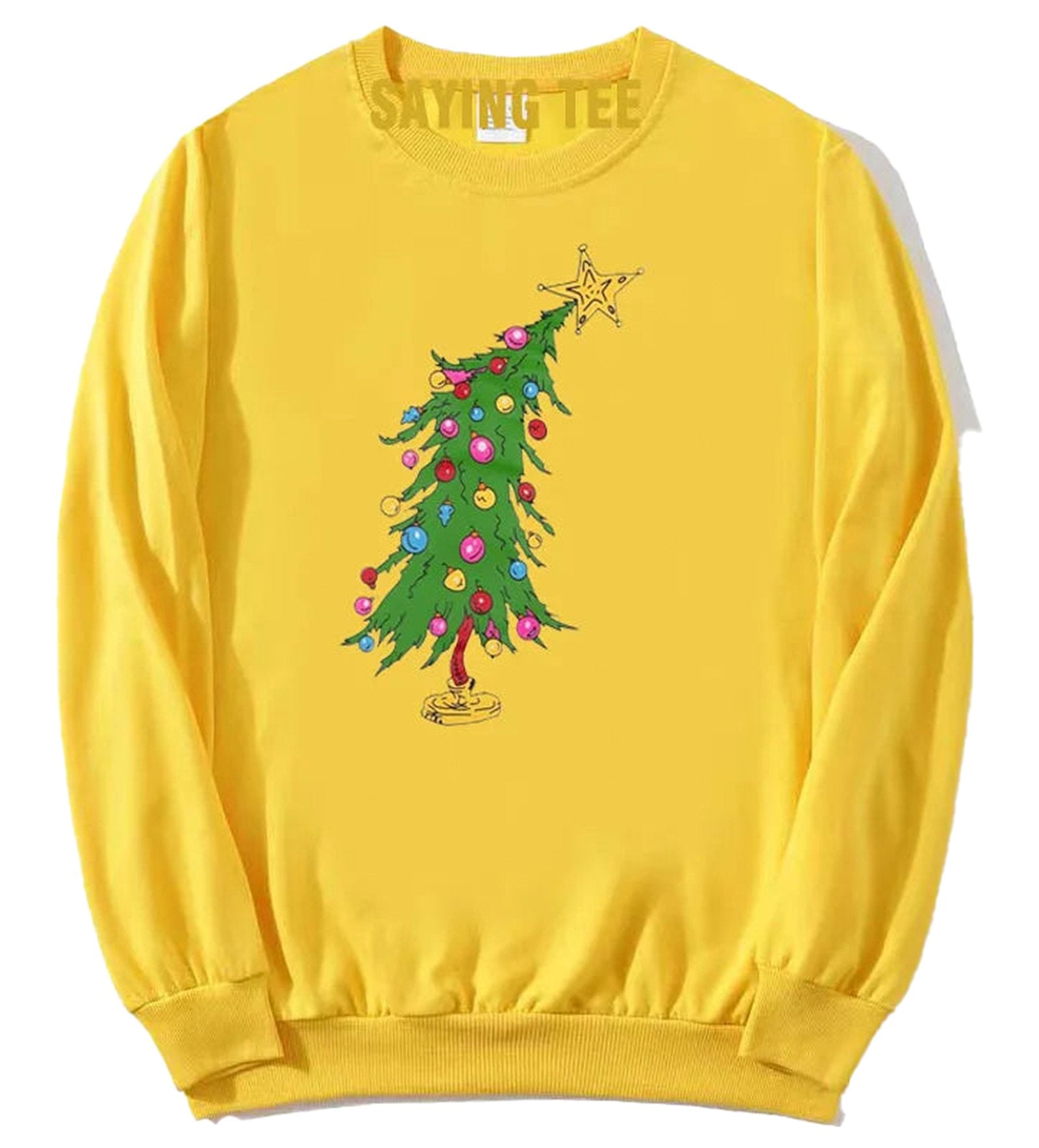 Cute Christmas sweatshirt for women featuring a colorful Christmas tree design on a yellow background