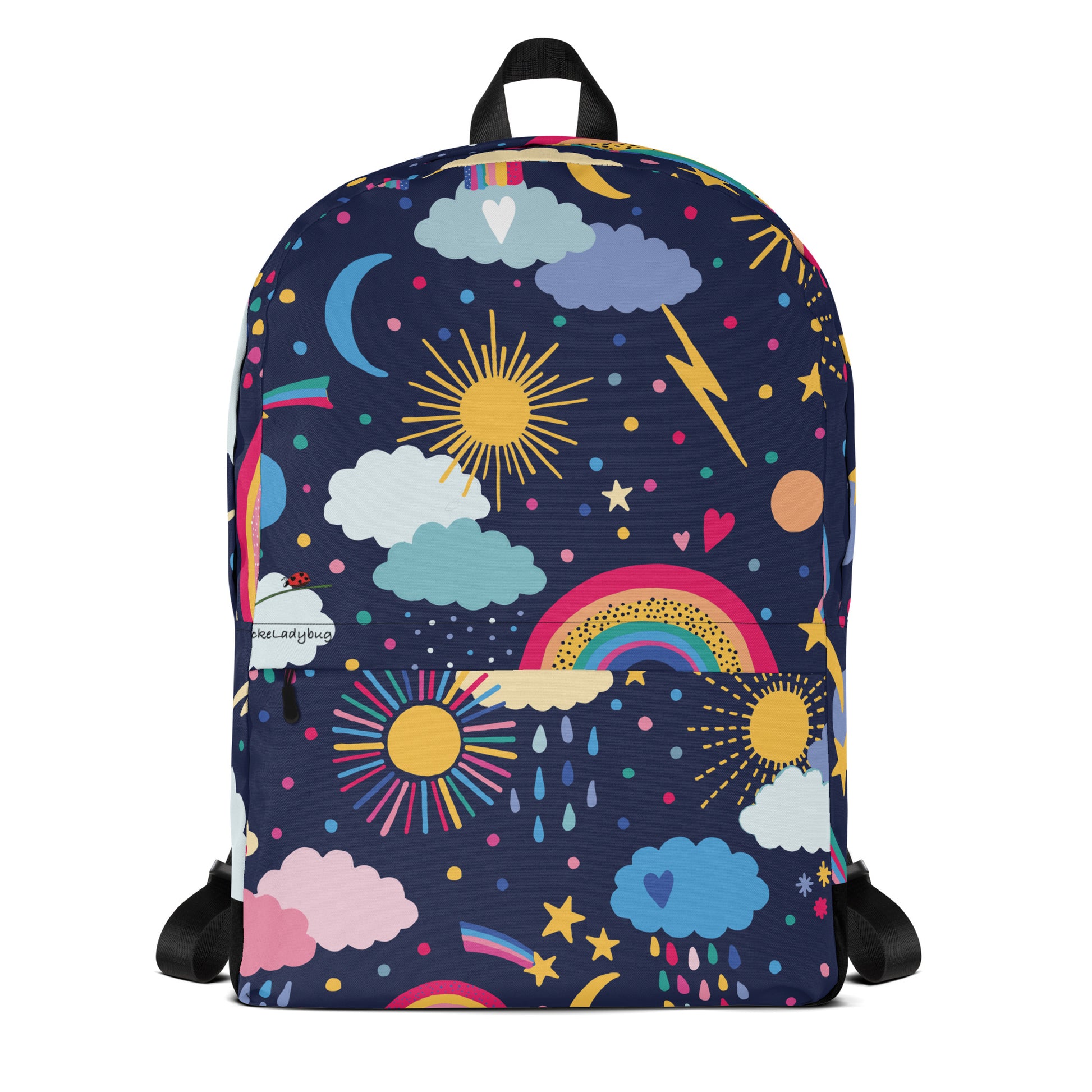 LuckeLadybug cute cloud print backpack with colorful sun rainbows and stars on navy background