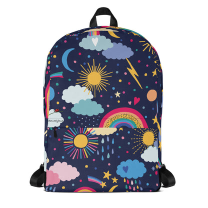 LuckeLadybug cute cloud print backpack with colorful sun rainbows and stars on navy background