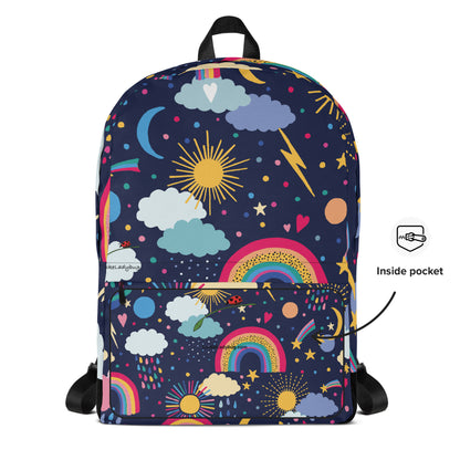 LuckeLadybug cute cloud print backpack with colorful rainbows suns and stars on navy blue