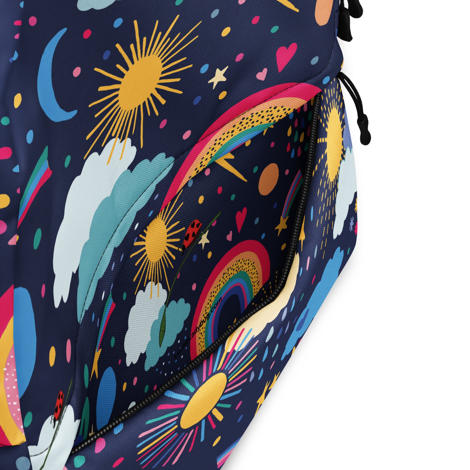 LuckeLadybug cute cloud print backpack with colorful sun rainbows and star patterns on navy background