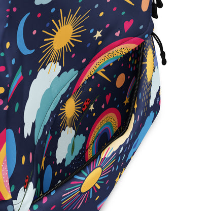 LuckeLadybug cute cloud print backpack with colorful sun rainbows and star patterns on navy background