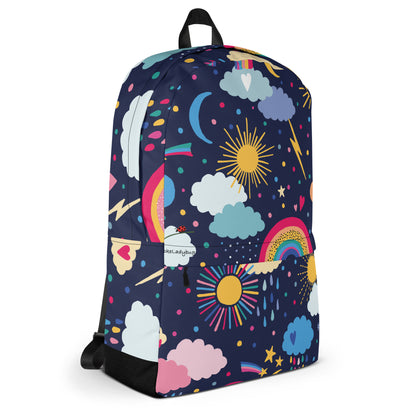 LuckeLadybug cute cloud print backpack with colorful sun, rainbow, and star designs on navy background