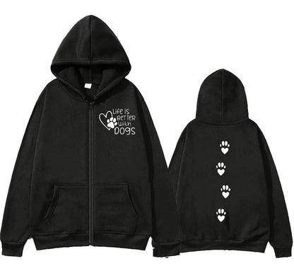 Cute dog lover hoodie for women in black with pawprint design and heart graphic