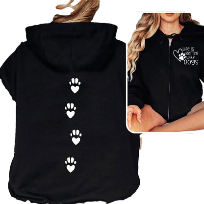 Cute dog lover hoodie for women in black with heart and paw print designs on the back