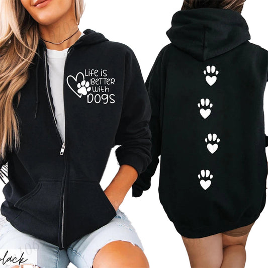 Cute dog lover hoodie for women featuring 'Life is Better with Dogs' and paw prints on the back