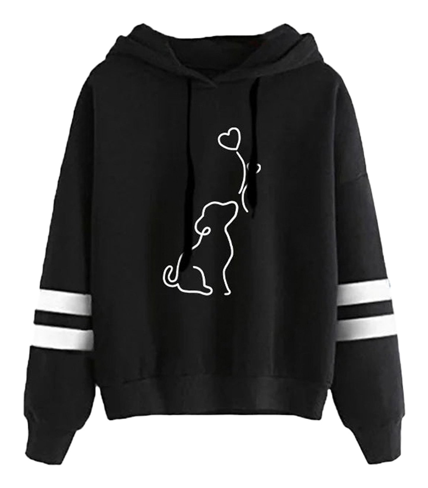 Cute dog print womens hoodie in black with white stripes and playful dog graphic