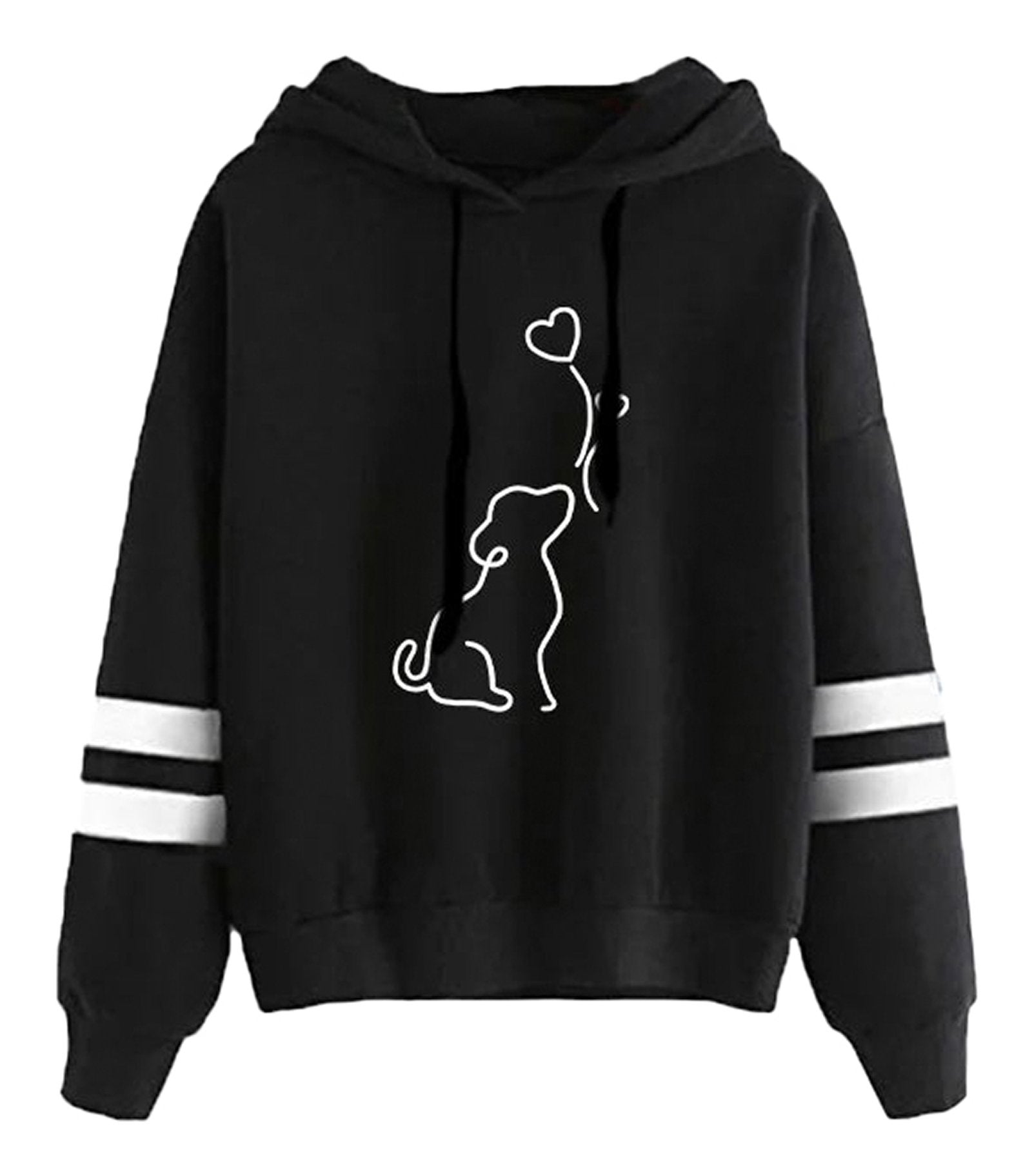 Cute dog print womens hoodie in black with white stripes and playful dog graphic