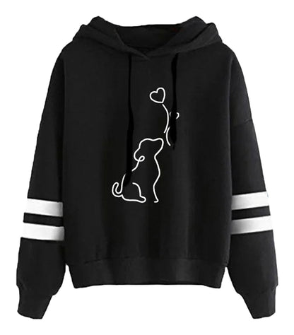 Cute dog print womens hoodie in black with white stripes and playful dog graphic