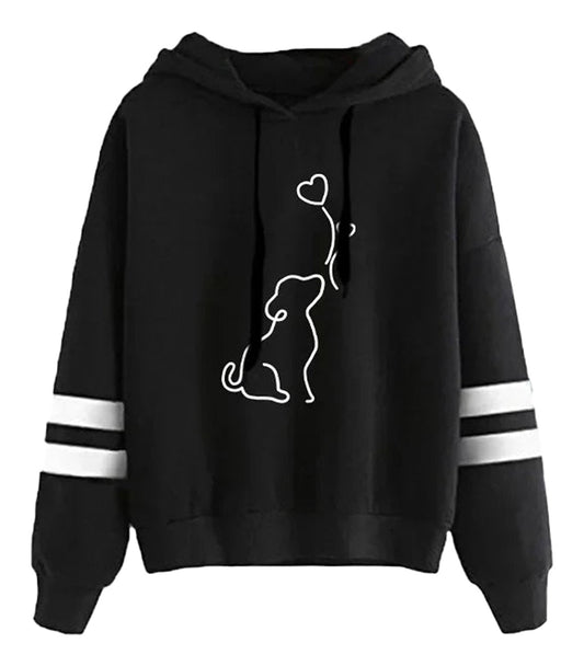 Cute dog print womens hoodie in black with white stripes and playful dog design