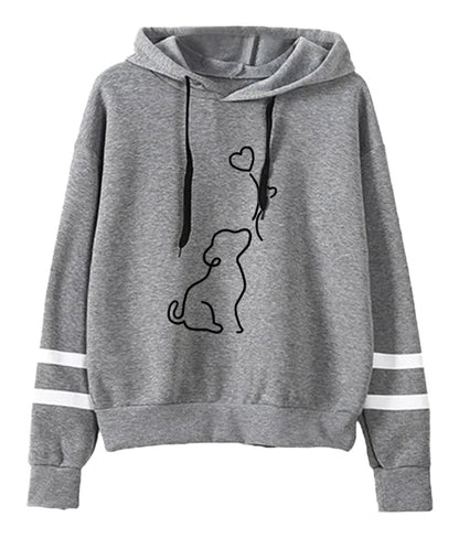 Cute dog print womens hoodie in gray with stylish stripes and a playful dog design