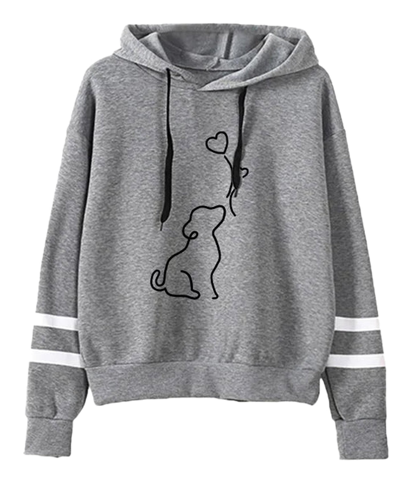 Cute dog print womens hoodie in gray with black outline design and striped sleeves