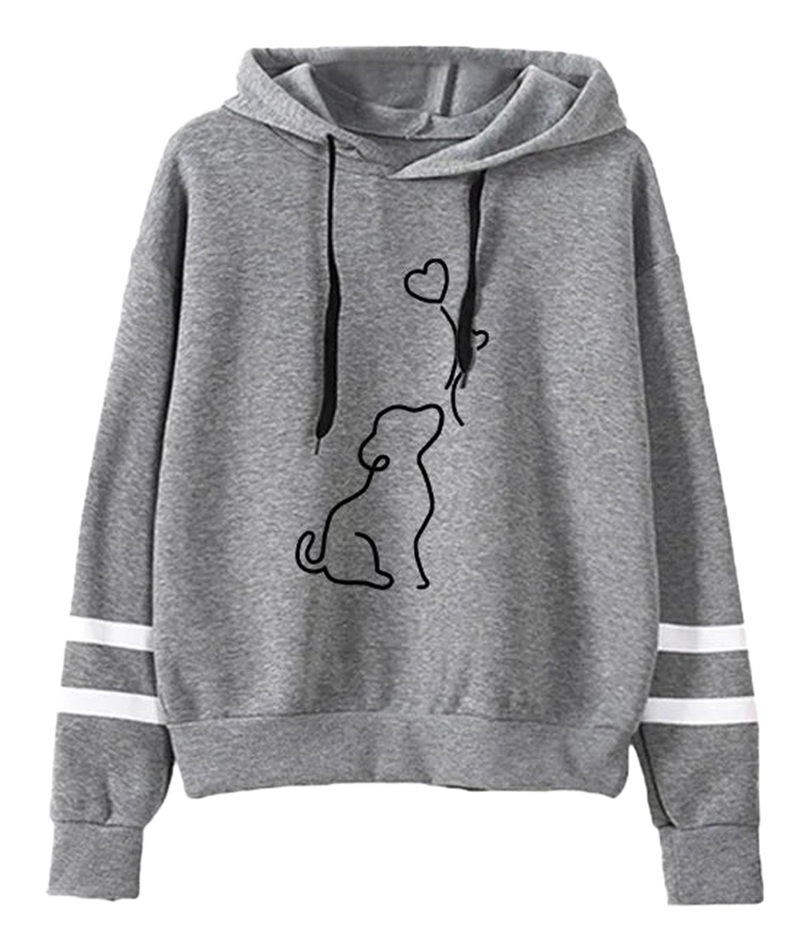 Cute dog print womens hoodie in gray with black outline design and striped sleeves