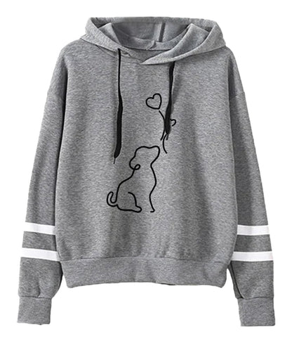 Cute dog print womens hoodie in gray with black outline design and striped sleeves