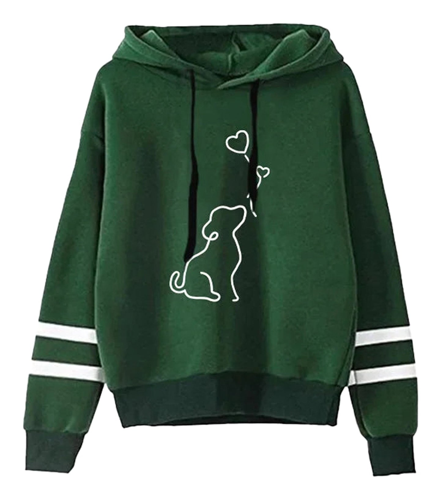 Cute dog print womens hoodie in green with white accent stripes and heart design.