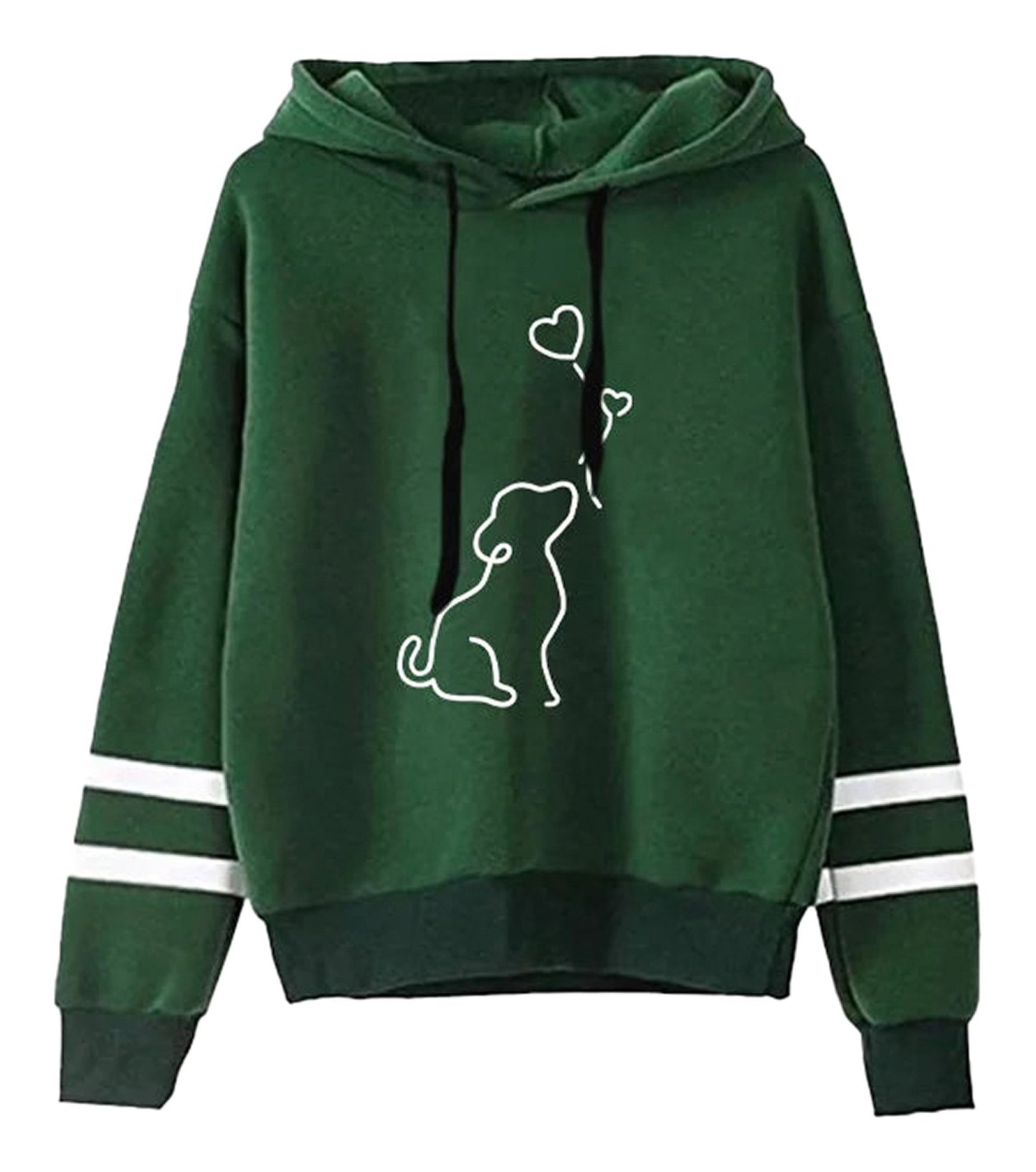 Cute dog print womens hoodie in green with white stripes and a playful dog graphic