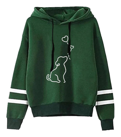 Cute dog print womens hoodie in green with white stripes and a playful dog graphic