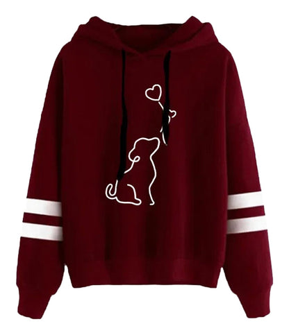 Cute dog print womens hoodie in burgundy color with heart design and white stripes