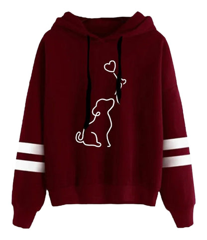 Cute dog print womens hoodie in maroon with striped sleeves and playful dog graphic