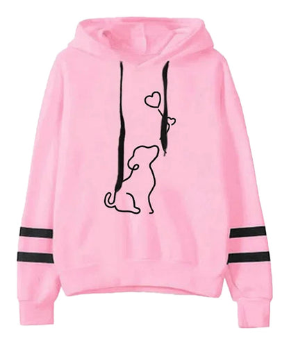 Cute dog print womens hoodie in pink with stylish black stripes and playful design