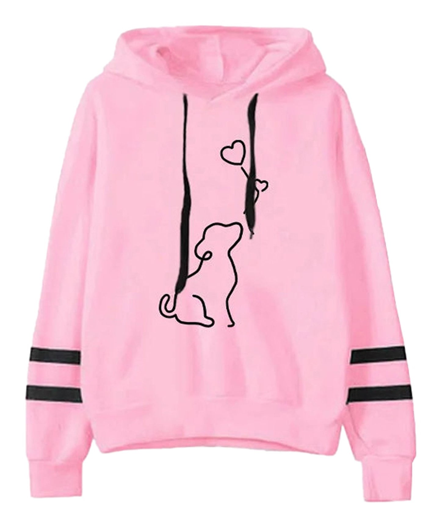 Cute dog print womens hoodie in pink with black accents and a playful design