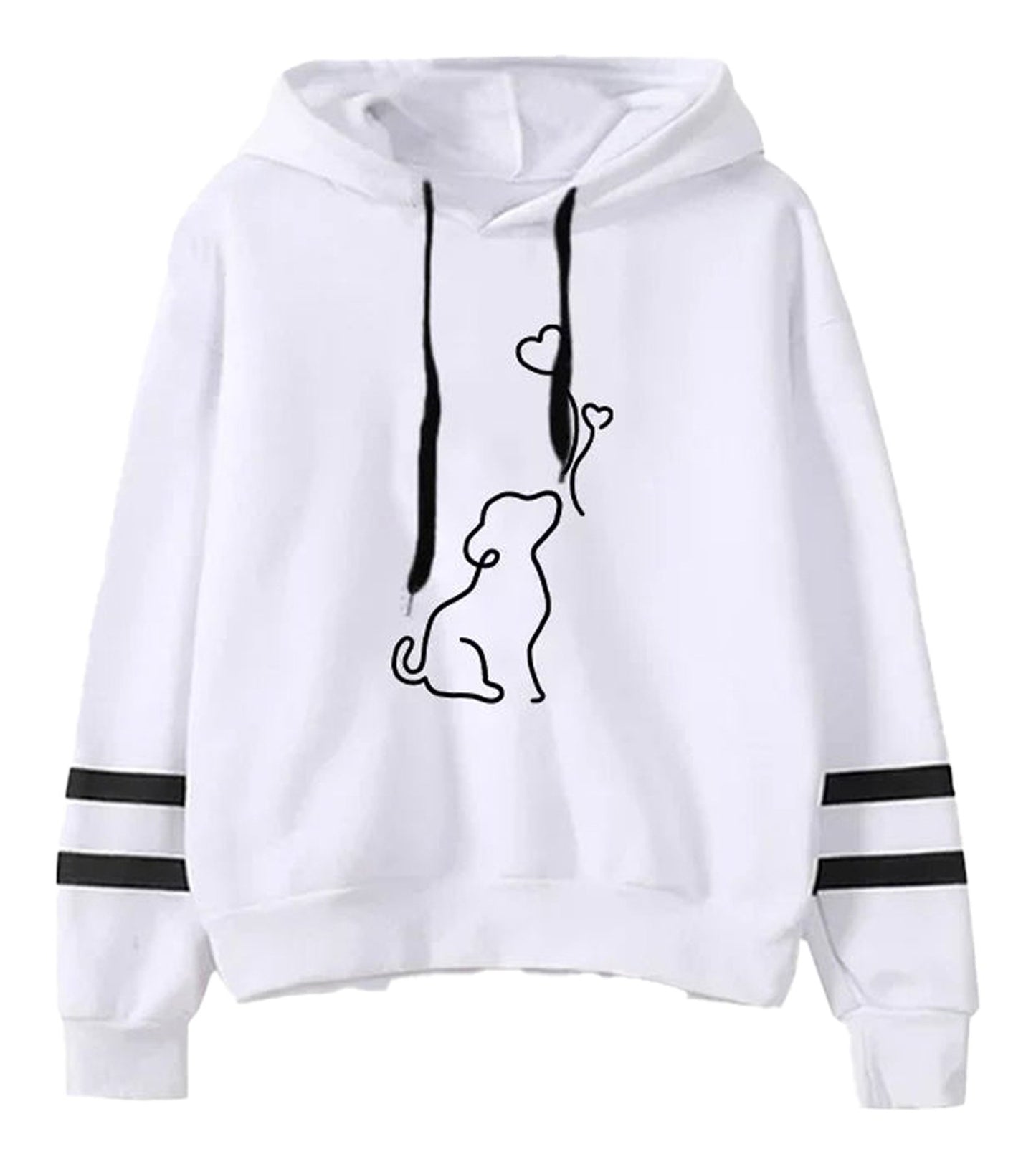 Cute dog print womens hoodie in white with black stripes and unique design