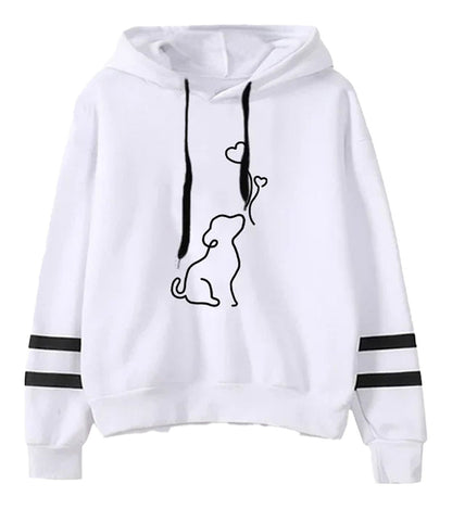 Cute dog print womens hoodie in white with black stripes and unique design