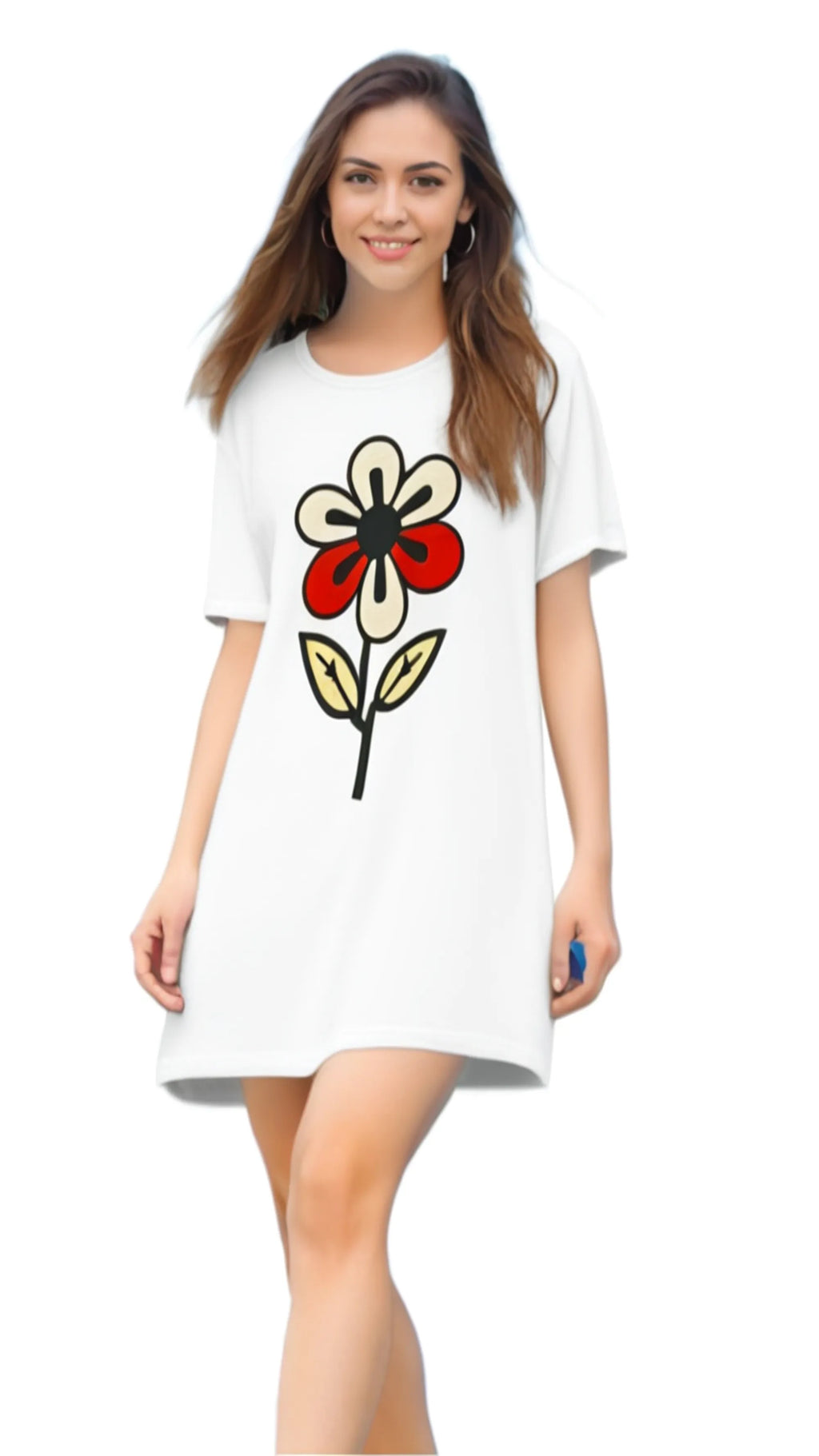 Woman wearing a cute flower t-shirt dress in white with a large red and cream flower graphic
