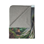 LuckeLadybug cute gnome sherpa blanket with forest and mushroom house design and soft gray sherpa lining