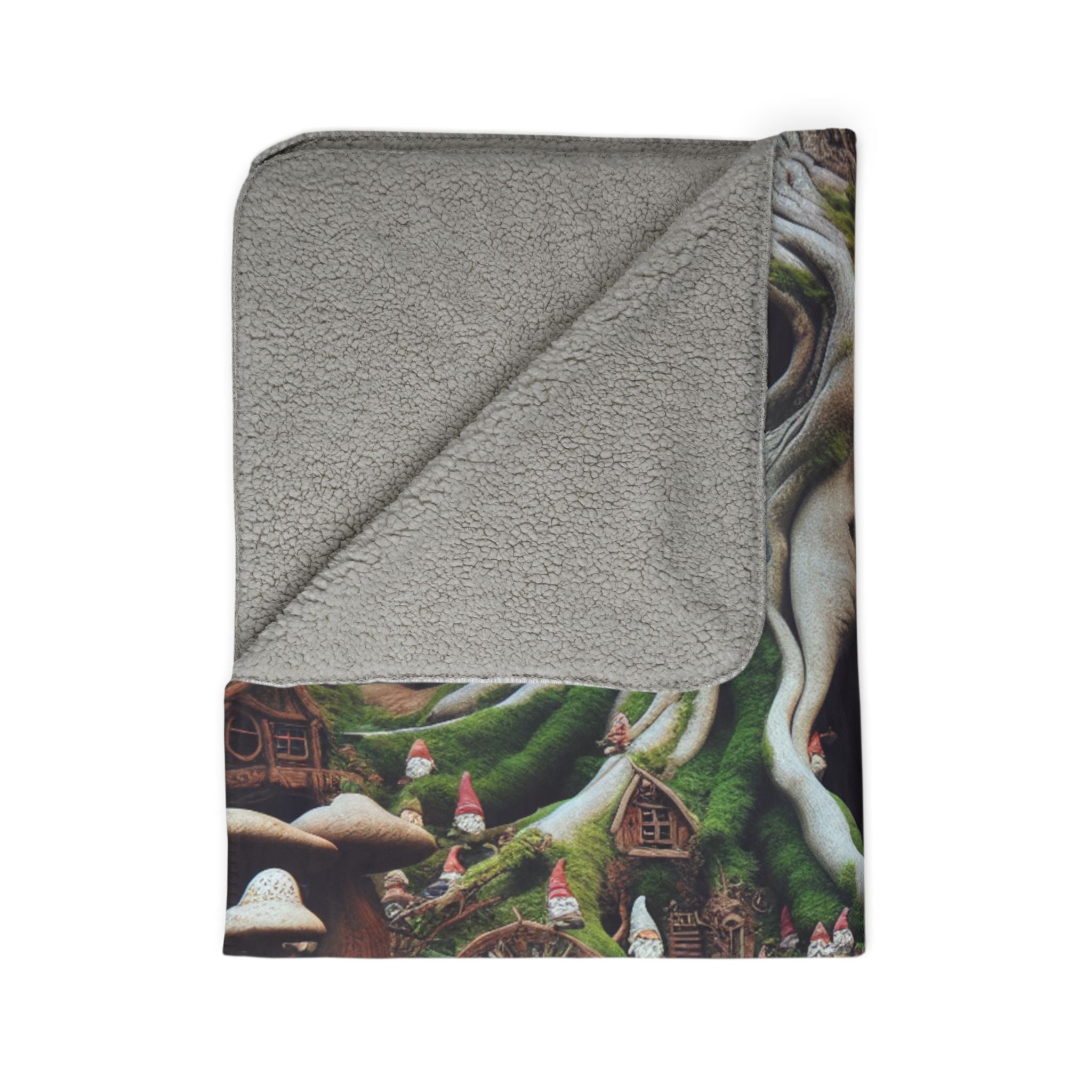 LuckeLadybug cute gnome sherpa blanket with cozy gray lining and colorful gnome village design