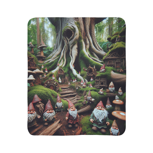 LuckeLadybug cute gnome sherpa blanket featuring a whimsical forest scene with gnome figurines around a large tree