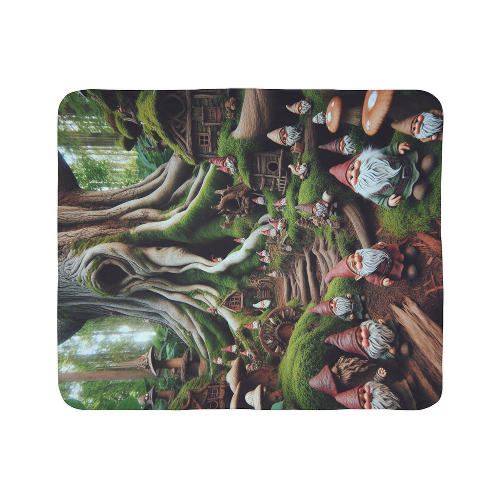 LuckeLadybug cute gnome sherpa blanket featuring a whimsical forest scene with gnome characters and tree houses
