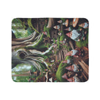 LuckeLadybug cute gnome sherpa blanket featuring a whimsical forest scene with gnome characters and tree houses