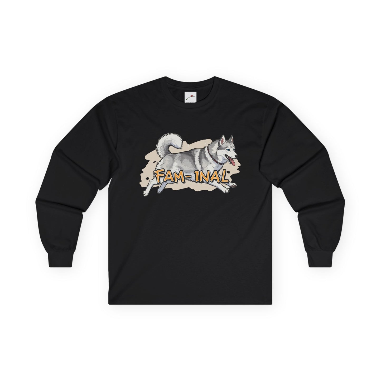 Black LuckeLadybug cute husky design long sleeve top with playful husky graphic and Fam-inal text