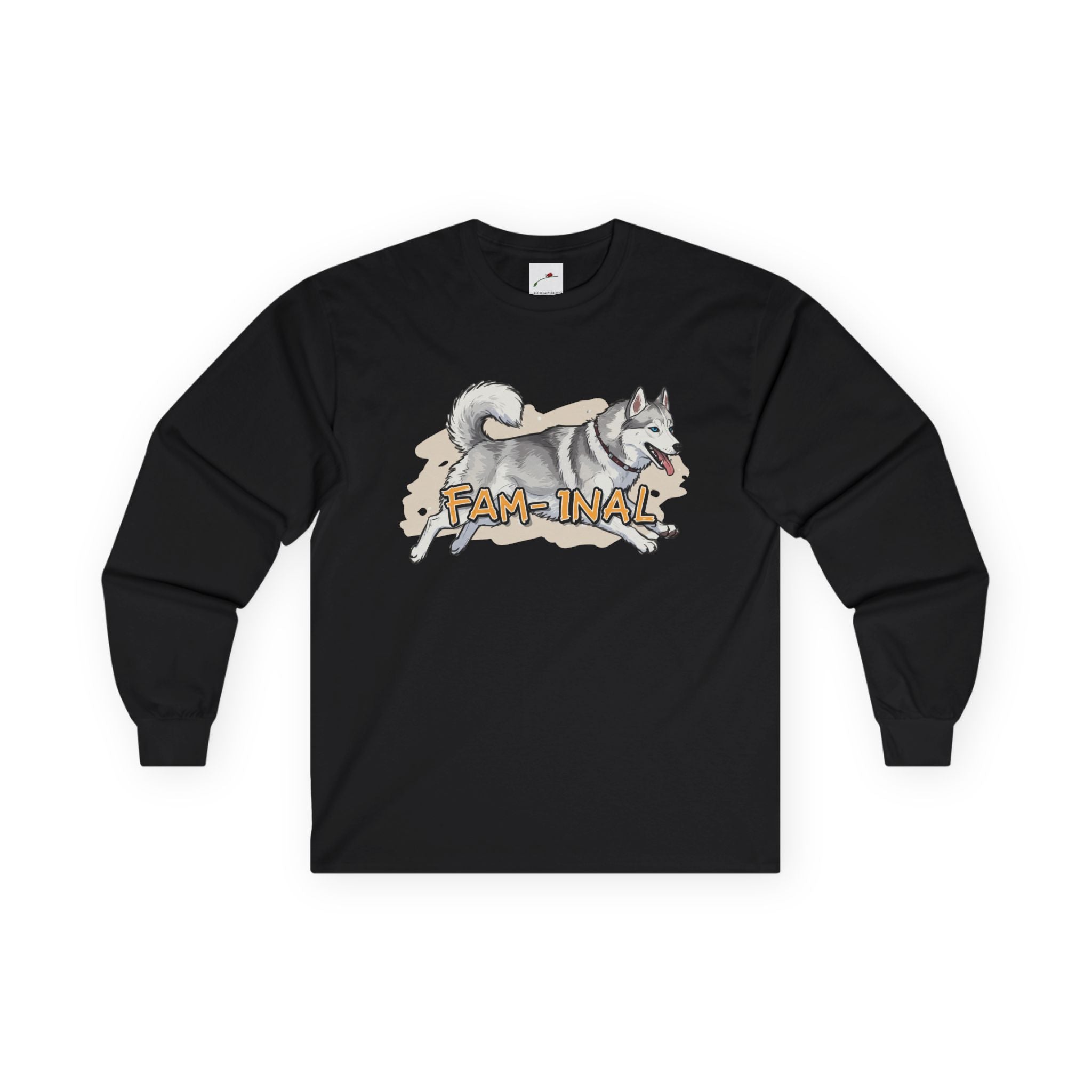Black LuckeLadybug cute husky design long sleeve top with playful husky graphic and Fam-inal text