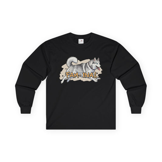 Black LuckeLadybug cute husky design long sleeve top with playful husky graphic and Fam-inal text