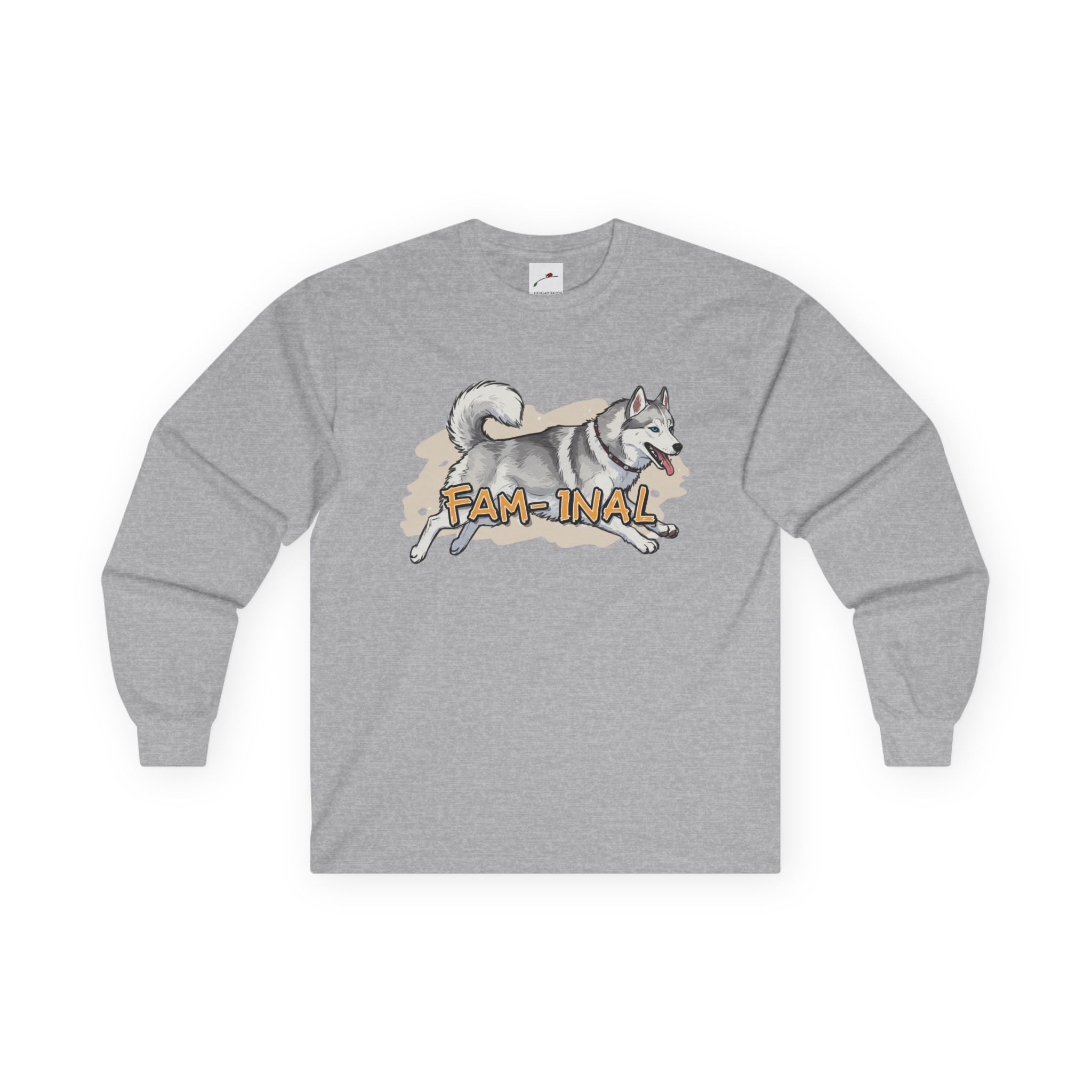 LuckeLadybug gray cute husky design long sleeve top with playful husky graphic and fam-inal text