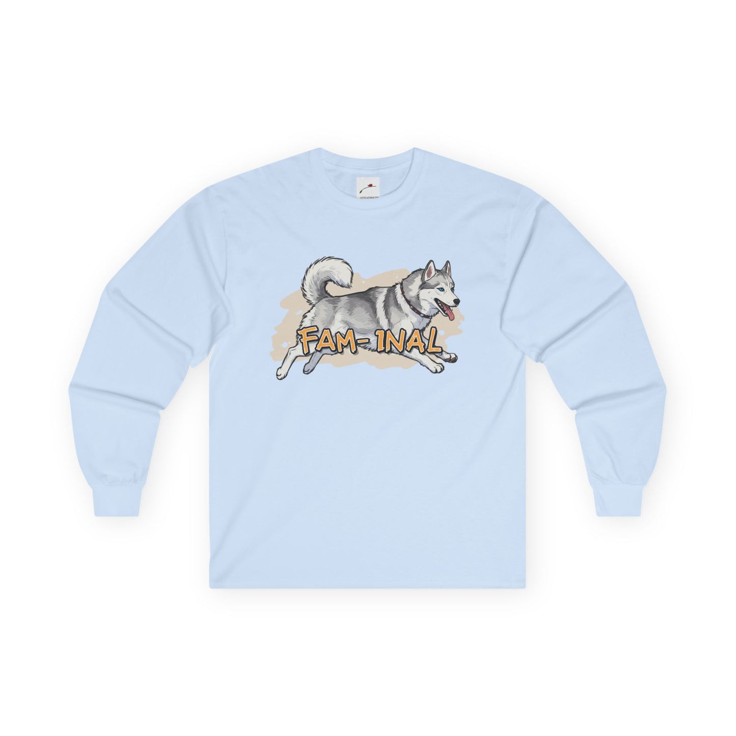 Light blue LuckeLadybug cute husky design long sleeve top with playful dog graphic and fam-inal text