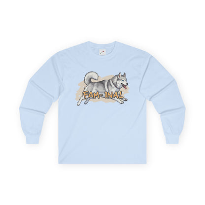 Light blue LuckeLadybug cute husky design long sleeve top with playful dog graphic and fam-inal text
