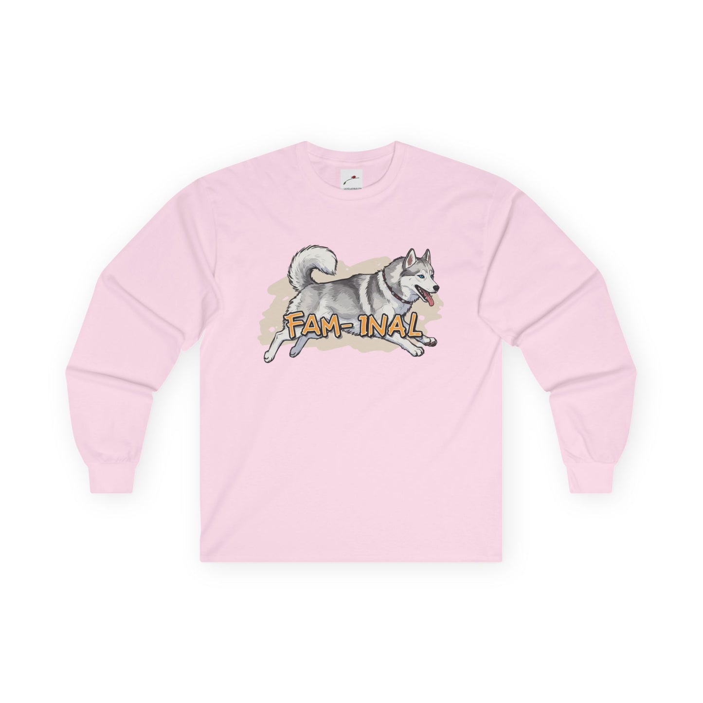 LuckeLadybug cute husky design long sleeve top in light pink with playful dog graphic and Fam-inal text