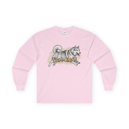 LuckeLadybug cute husky design long sleeve top in light pink with playful dog graphic and Fam-inal text