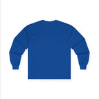Blue long sleeve top by LuckeLadybug shown from the back with plain design and ribbed cuffs cute husky design long sleeve top