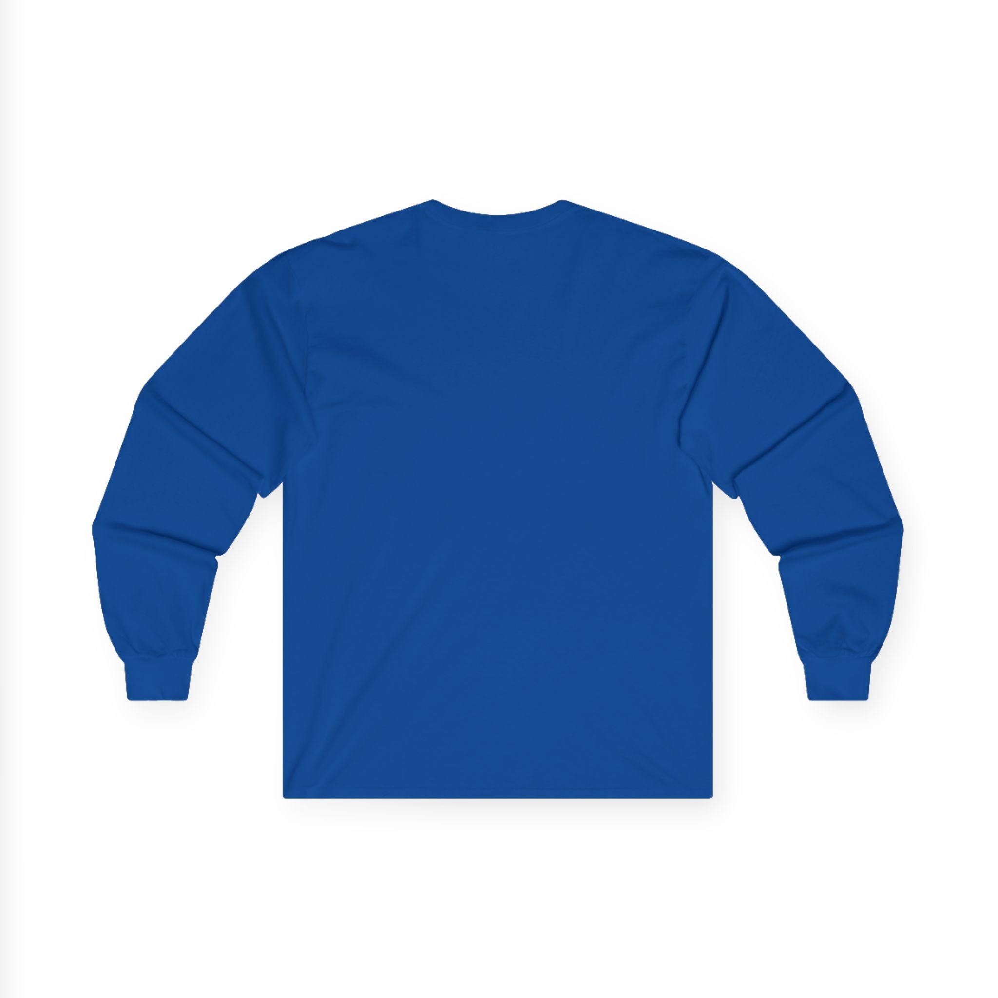 Blue long sleeve top by LuckeLadybug shown from the back with plain design and ribbed cuffs cute husky design long sleeve top